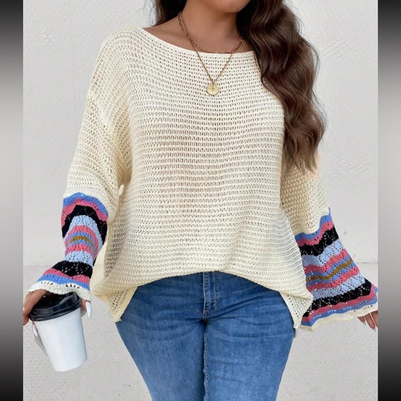 Plus Size Sheer Loose Knit Striped Pattern Drop Shoulder Sweater Top - Picture 4 of 7